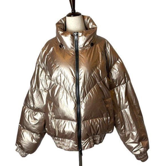 All Saints Mika Gold Metallic Long Sleeve Full Zip Puffer Coat Size 8 - Picture 2 of 12